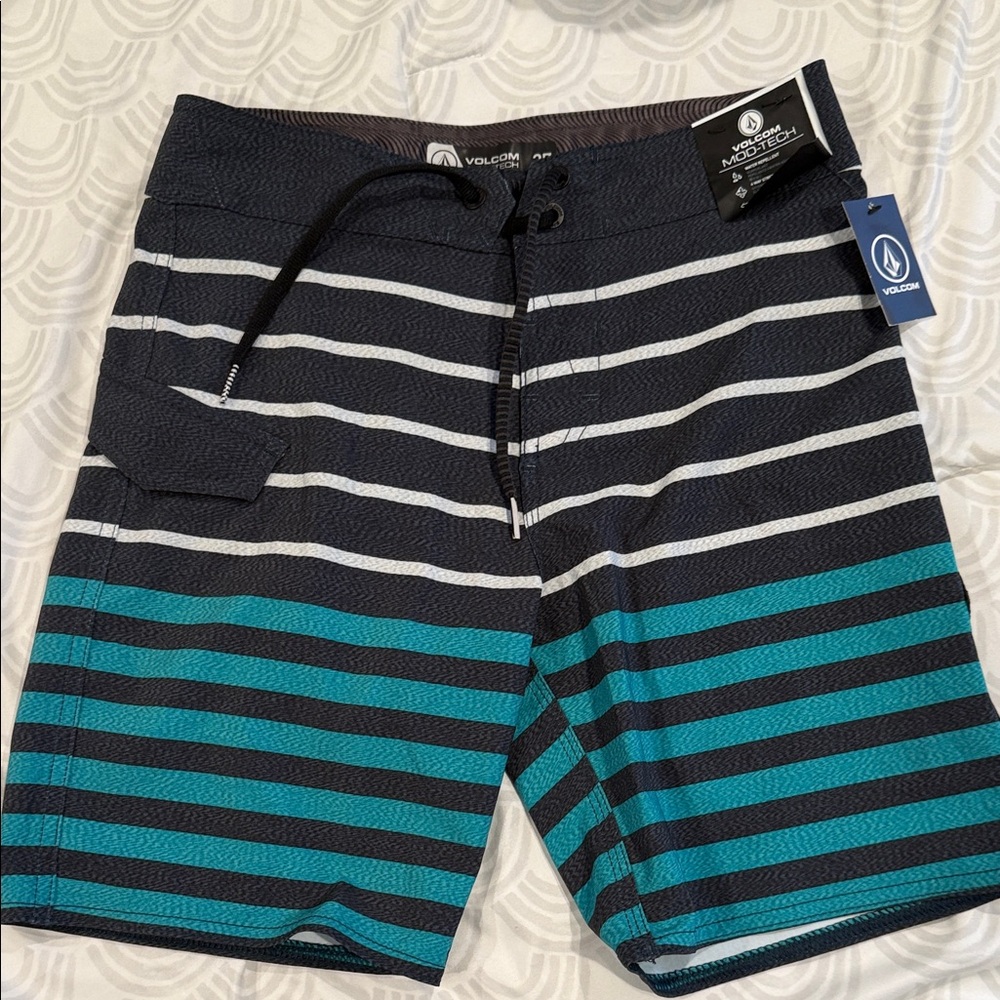 Volcom Men/Youth Striped Swim board Shorts - Black and Blue